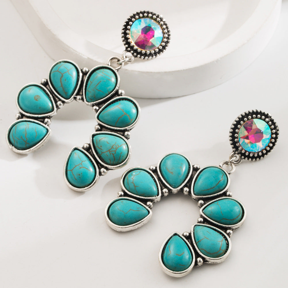Wholesale Fashion Retro Turquoise Earrings High Sense Bohemian Leopard Leather Exaggerated Earrings